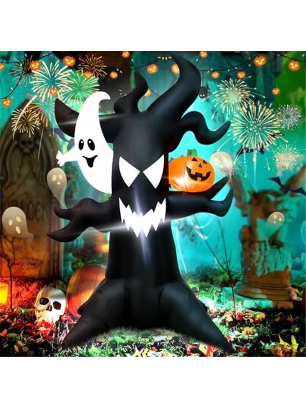 6ft Haunted Tree Inflatable Ghost & LED Pumpkin, Halloween Yard Decor